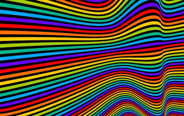 Las líneas de ilusión óptica de colores del arco iris psicodélico vector fondo de arte loco, delirio de alucinación de LSD, curvas lineales de op art surrealistas en perspectiva hiper 3D, diseño hipnótico.