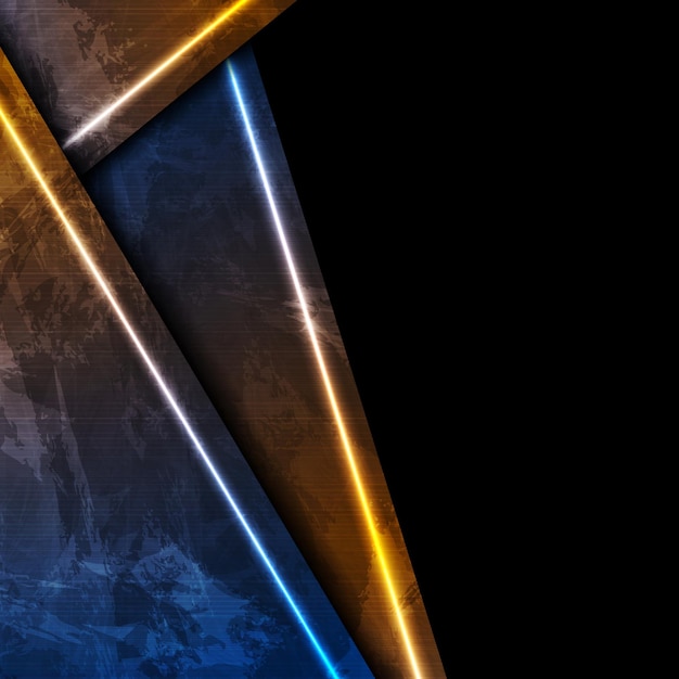 Líneas láser de neón azul y naranja brillante Diseño gráfico de tecnología grunge abstracto Textura de hormigón de pared luminosa antigua Vector fondo corporativo brillante