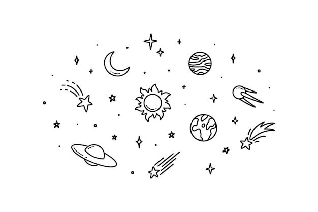 Líneas lindas dibujando el fondo del espacio Ilustración infantil Planetas dibujados a mano Sol Luna Estrellas