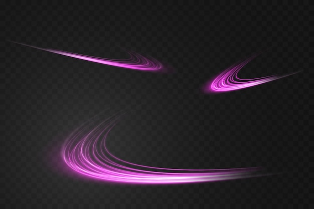 Líneas de luz abstractas de movimiento y velocidad en púrpura Luz todos los días efecto brillante onda semicircular sendero de luz curva remolino faros de automóvil fibra óptica incandescente png