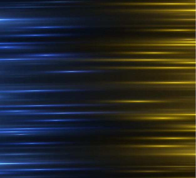 Líneas de luz de movimiento de velocidad Línea de neón brillante de movimiento dorado Destellos de lente vertical azul amarillo Vector