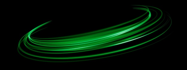 Líneas de luz de velocidad verde abstracta anillo de neón círculo brillante movimiento redondo en vector de fondo negro