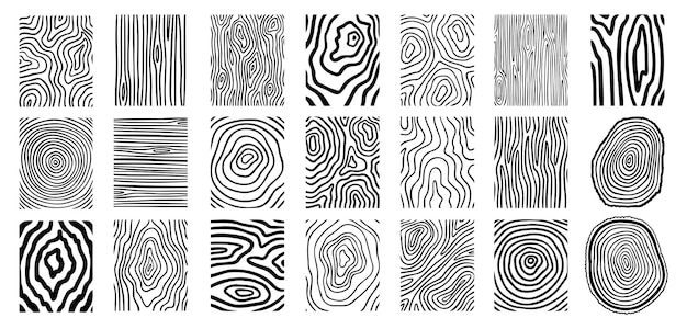 Líneas de madera textura material garabateo conjunto de líneas dibujadas a mano anillos y círculos curva geométrica del tronco del árbol