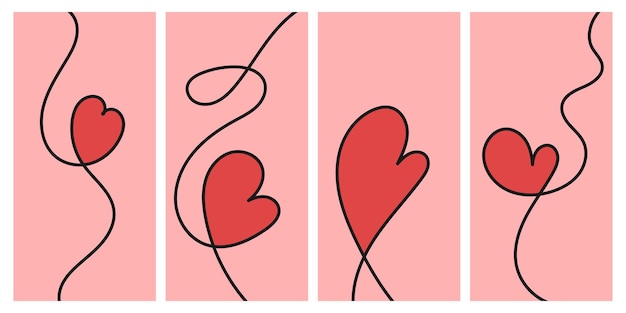 Líneas minimalistas Ilustración de corazones de San Valentín en cuatro paneles