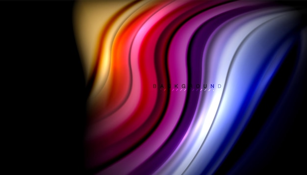 Líneas multicolores onduladas fluidas en el fondo vectorial negro patrón de movimiento dinámico