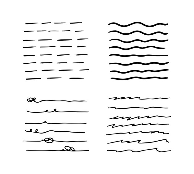 Líneas negras dibujadas a mano con pluma, dibujos de dibujos, subrayos con lápiz, garabates con pincel, marcos, bordes, elementos de diseño