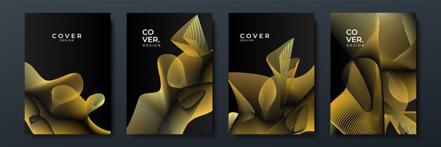 Las líneas negras y doradas de lujo moderno cubren el fondo abstracto Conjunto de diseño de cubierta de rayas negras modernas Patrón de línea de onda diagonal dinámica de oro creativo de lujo para invitación tarjeta de visita de boda