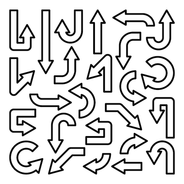 Líneas negras flechas establecidas en fondo blanco flecha cursor contorno icono punteros vectoriales colección vuelta siguiente página web signo