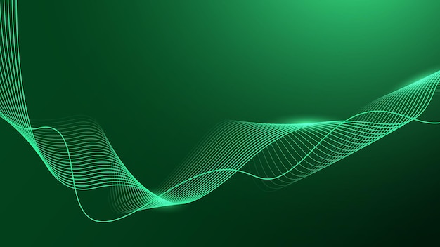 Líneas de onda brillantes abstractas en un fondo verde oscuro Concepto de tecnología futurista