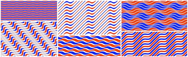 Líneas onduladas agua conjunto de vectores de patrones sin fisuras, imagen de diseño de papel tapiz de fondo sin fin dimensional 3D, colección de textura labrable curvada a rayas geométricas.