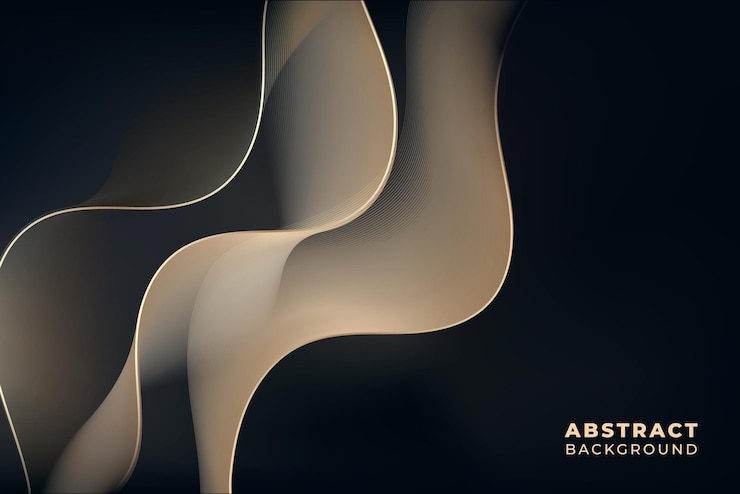 Vector líneas onduladas de flujo liso dorado realistas abstractas con diseño de fondo de gradiente elegante negro