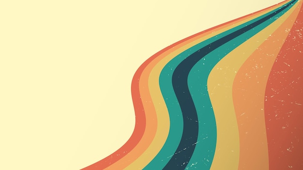 Vector líneas de perspectiva retro de los años 70, fondo de arco iris, banner de rayas coloridas vintage grunge