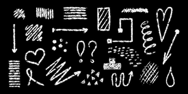 Líneas de pincel de tiza flechas lápices grunge elementos círculo corazón abstracto marco cuadrado cruz dibujado a mano