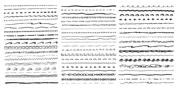 Vector líneas de pluma vectorial o pinceles subrayados conjunto de divisores de lápiz o contorno negro garabateado a mano