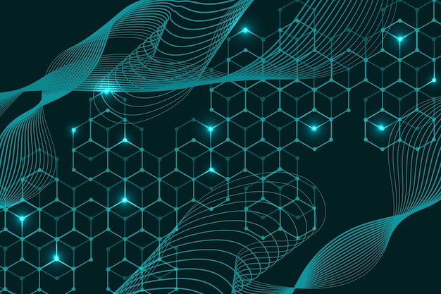 Las líneas y puntos abstractos conectan el fondo con hexágonos
