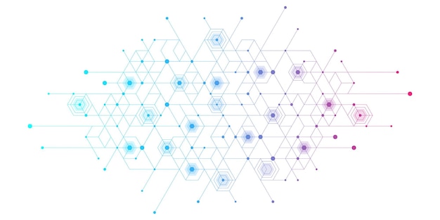 Las líneas y puntos abstractos de la tecnología conectan el fondo con hexágonos