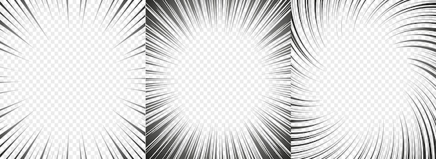Líneas radiales de manga cómica con efecto de velocidad para cómics. Fondo de explosión blanco y negro. Resplandor de la explosión del rayo de destello. Marcos vectoriales.