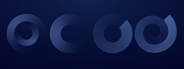 Líneas redondas azules brillantes sobre fondo oscuro Conjunto de rayas geométricas circulares en forma de ondas espirales
