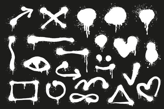 Las líneas de spray de graffiti establecen elementos en el diseño gráfico plano, agrupando objetos de tinta grunge, manchas y gotas en flecha, cruz, corazón, ojo, círculos cuadrados, triángulos y otros símbolos.