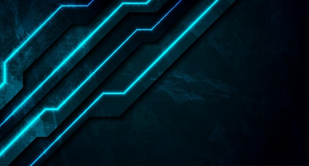 Líneas de tecnología láser de neón azul oscuro sobre fondo de pared luminosa grunge