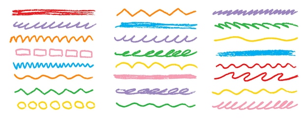 Líneas de tiza niños tiras pincel boceto lápiz subraya trazos resaltados doodle conjunto grunge colorido
