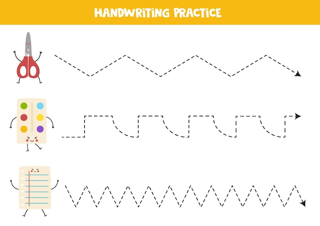 Vector líneas de trazado para niños cute dibujos animados kawaii suministros escolares práctica de escritura a mano