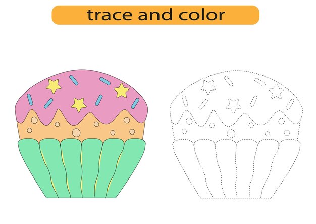 Líneas de trazado para niños desarrollo brillante muffin cupcake pastel práctica de escritura a mano vector EPS10