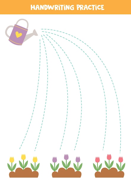 Líneas de trazado para niños regadera y flores en el suelo