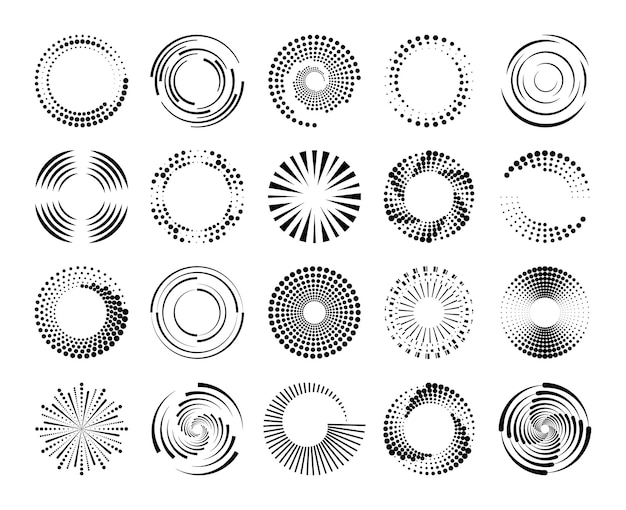 Líneas de velocidad de círculo de semitono Espiral punteada discontinua remolinos dinámicos patrón geométrico radial ondas abstractas circulares concéntricas Elementos vectoriales de movimiento redondo Formas giratorias tecnológicas
