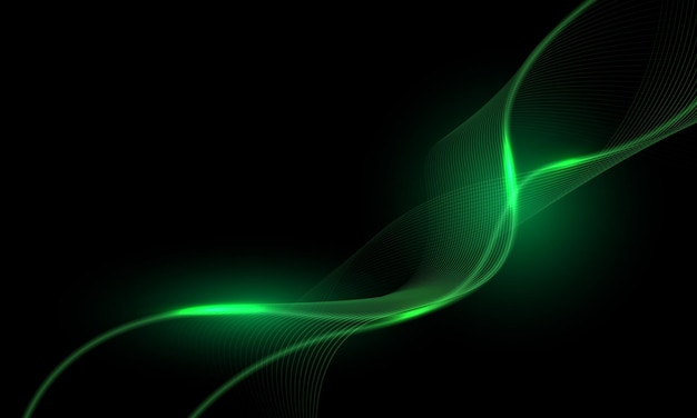 Líneas verdes abstractas curva de onda de luz movimiento en diseño negro vector de fondo de tecnología futurista moderna