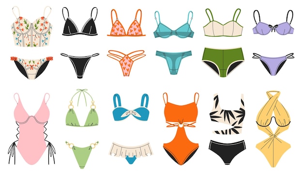 Lingerie y trajes de baño Bikini de mujer brillante modelos de playa de moda separados y a pedazos sostenes lindos y bragas coloridas trajes de cuerpo ilustraciones planas de dibujos animados conjunto vectorial ordenado