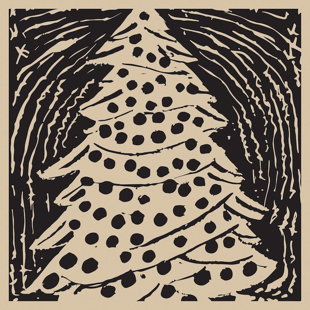 Linograbado retro Feliz Navidad Ilustración del árbol de Navidad