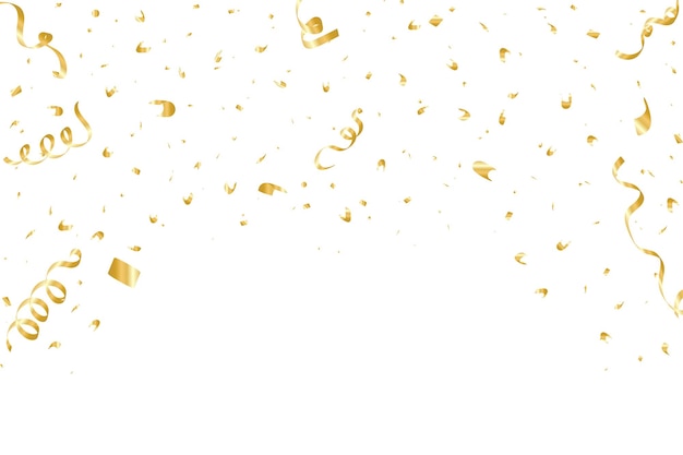 Lintas de color dorado brillante y confeti cayendo sobre un fondo blanco Confeti dorado y cintas vec