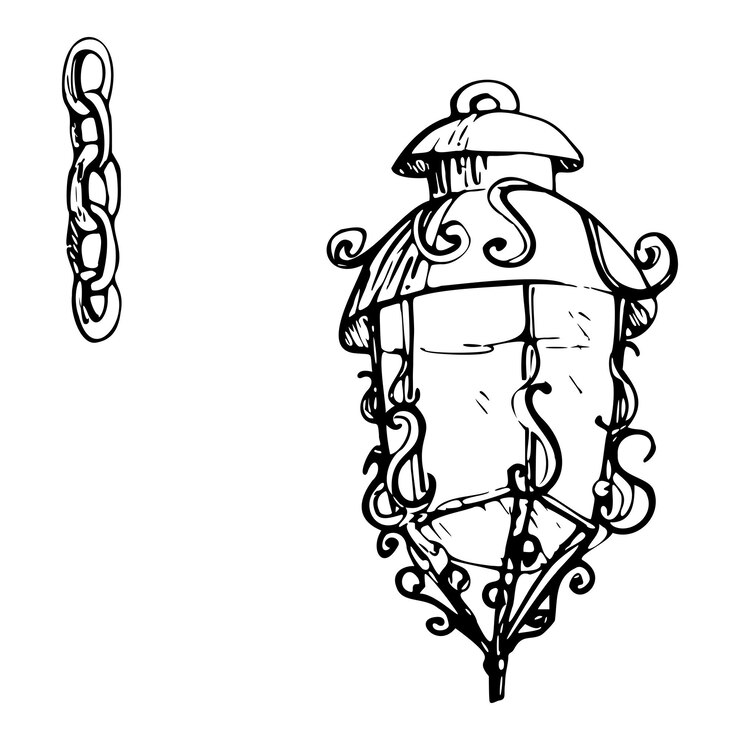 Vector linterna antigua de hierro fundido ornamentada lámpara de gas para la luz de la calle con cadena vector de tinta dibujada a mano