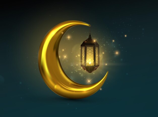 Linterna árabe brillante con luna creciente dorada