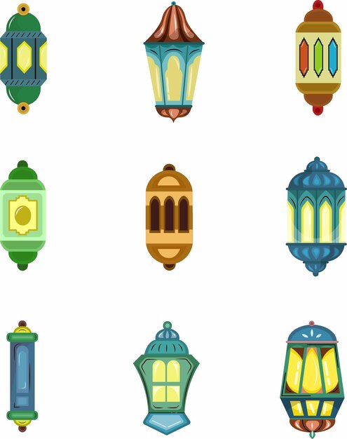 Linterna árabe para celebración islámica con colorida colección de diseño plano