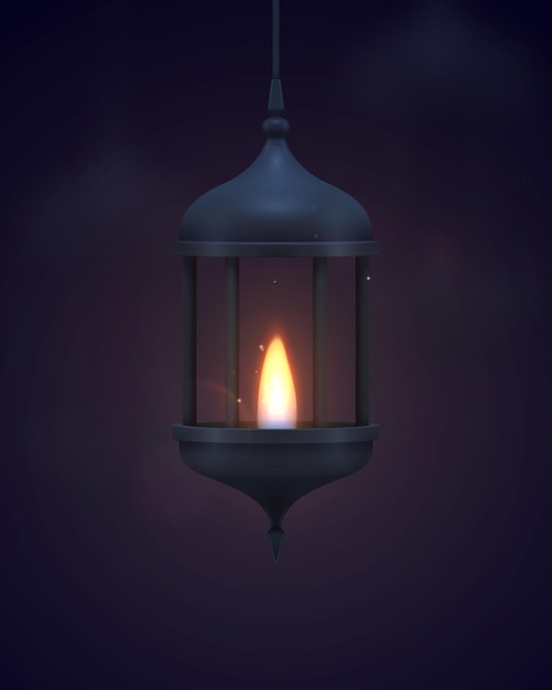 Vector linterna azul oscuro vintage con un fuego realista en llamas. ilustración vectorial