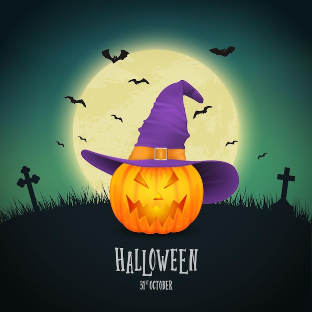 Linterna de calabaza de Halloween de dibujos animados vectoriales con cara divertida y sombrero de bruja en la luna brillante de noche Plantilla de diseño de cementerio de murciélagos de calabaza realista Concepto de Halloween de vacaciones de otoño