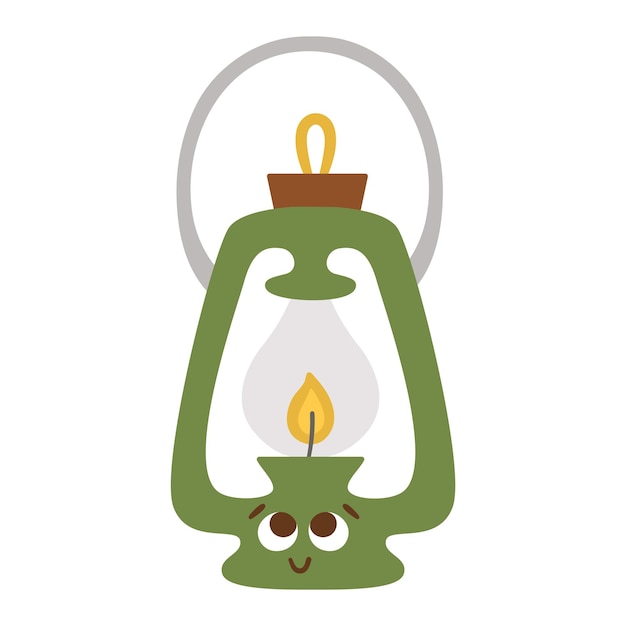 Linterna de campamento kawaii vectorial aislada sobre fondo blanco Ilustración de equipo de iluminación para niños Lámpara sonriente retro con ojos Linda antorcha vintage de queroseno para viajarxA