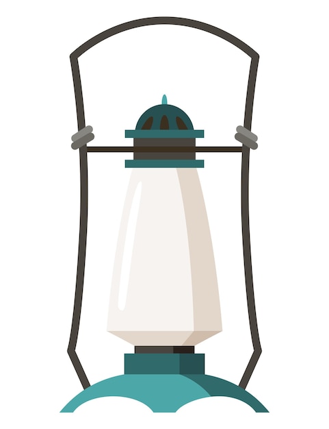 Linterna de camping vintage o lámpara de aceite Asa de lámparas de gas para excursiones turísticas Quema de combustible de campamento de brillo de llama aislado sobre fondo blanco