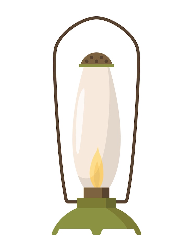 Vector linterna de camping vintage o lámpara de aceite manejar lámparas de gas para caminatas turísticas llama resplandor campamento quema de combustible aislado sobre fondo blanco