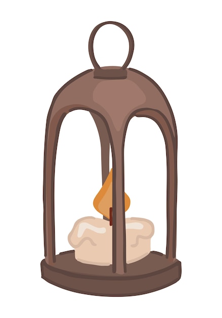 Linterna de candelabro con una vela encendida Doodle de una acogedora lámpara vieja colgada Ilustración vectorial de dibujos animados Clip art aislado en blanco