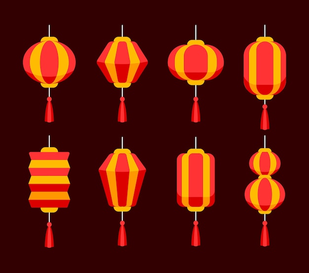 Linterna china elementos de diseño plano iconos conjunto lámpara de papel ilustración vectorial de dibujos animados EPS