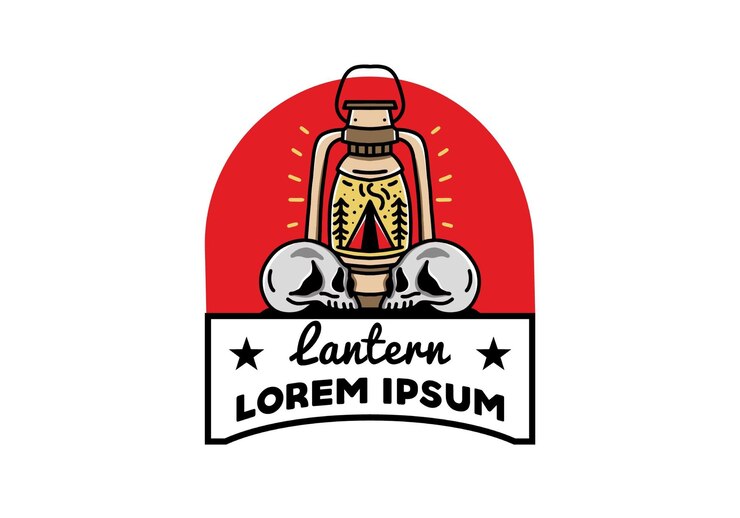 Vector linterna exterior con tienda de campaña triangular y dos ilustraciones de calaveras