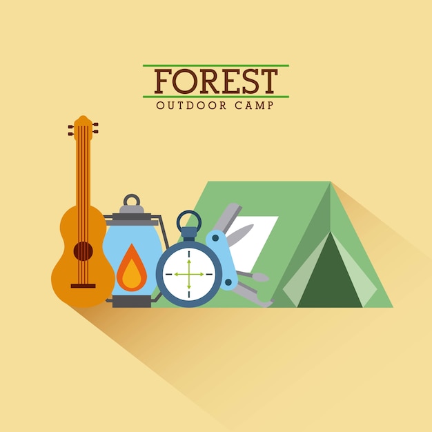 Linterna de la guitarra de la tienda del campamento al aire libre del bosque y cartel de brújula