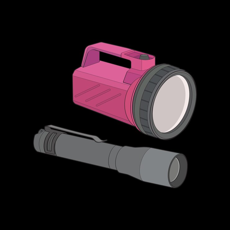 Vector linterna de icono de conjunto plano de vector de luz iluminación de linterna con foco o flash conjunto de ilustración de linterna de luz intermitente aislada sobre fondo negro ilustración vectorial eps 10