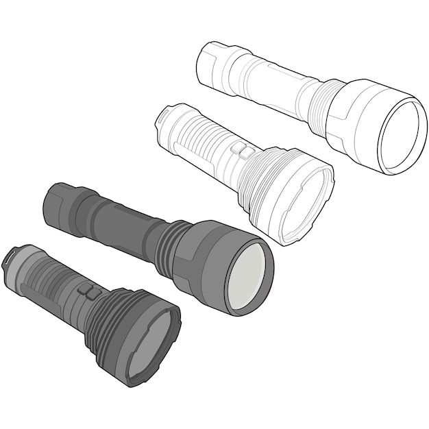 Linterna de icono de conjunto plano de vector de luz Iluminación de linterna con foco o flash Conjunto de ilustración de linterna de luz intermitente aislada sobre fondo negro Ilustración vectorial EPS 10