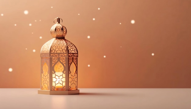 Linterna en la mesa de Ramadán Kareem de fondo en 3D