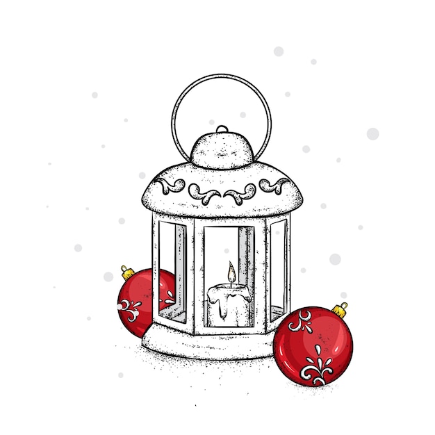 Linterna de Navidad y bolas.
