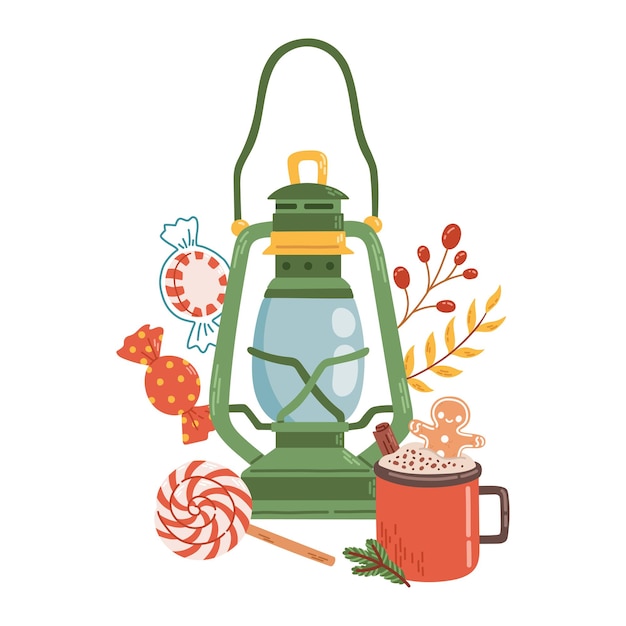 Linterna de Navidad decoración de invierno diseño plano aislado ilustración vectorial